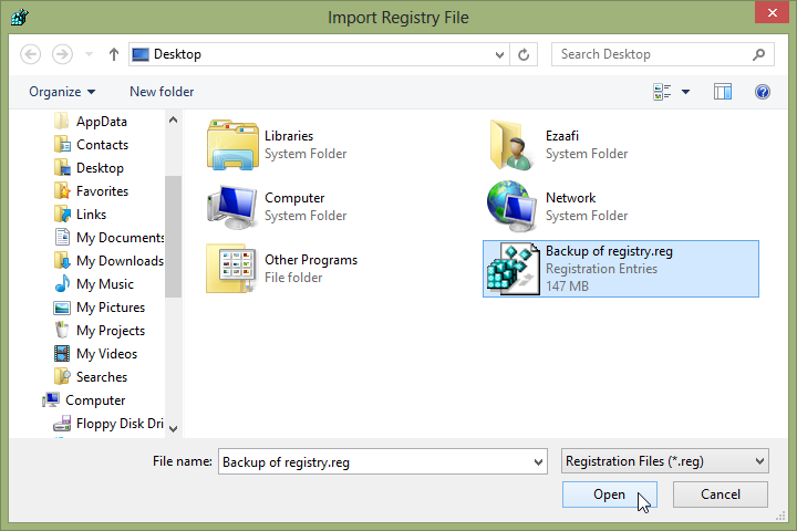 Open reg file