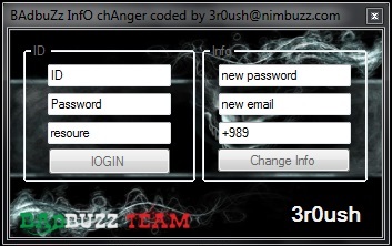 BAdbuZz InfO chAnger coded by 3r0ush@nimbuzz.com SCREEN