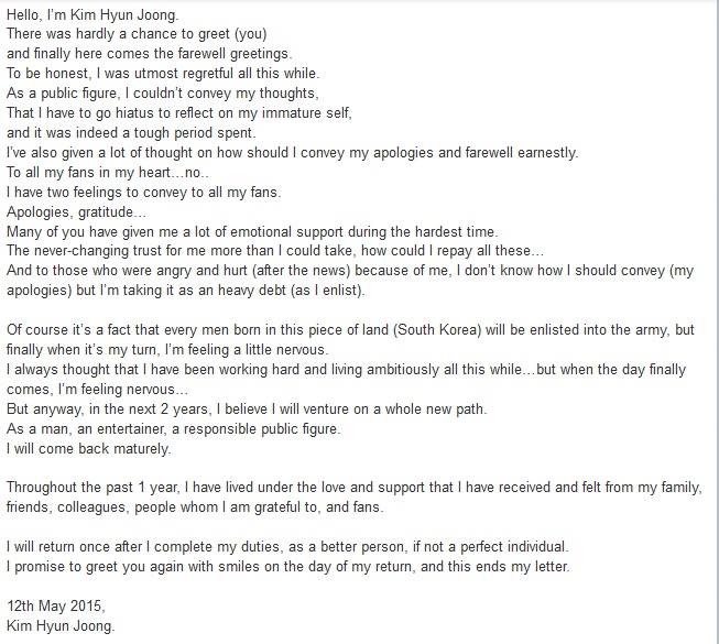 [From Hyun Joong] Kim Hyun Joong Handwritten Letter With Eng Translation [2015.05.12]