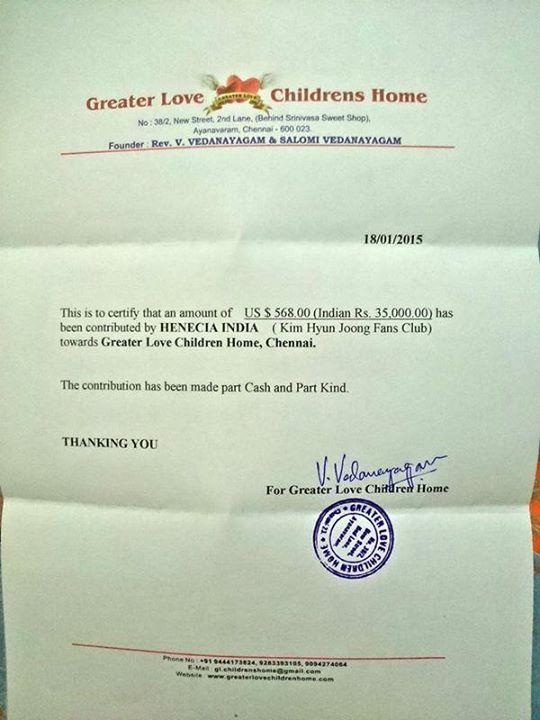 Henecia India - We Havee Also Delivered The Certificate of Our Charity Event Hope For Children to Jaskal,Ilsan