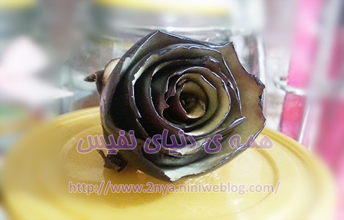 تزئین حلیم بادمجان بشکل گلدان گل رز و شیپوری پوست بادمجون