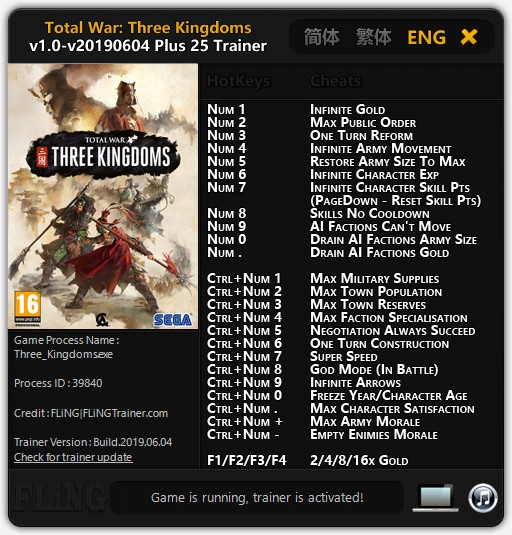 Total War Three Kingdoms - Trainer +25 v1.0-v20190604 FLiNG