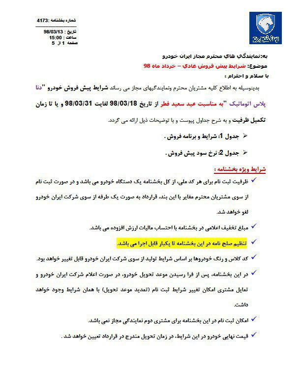 شرایط پیش فروش دنا پلاس اتوماتیک 1